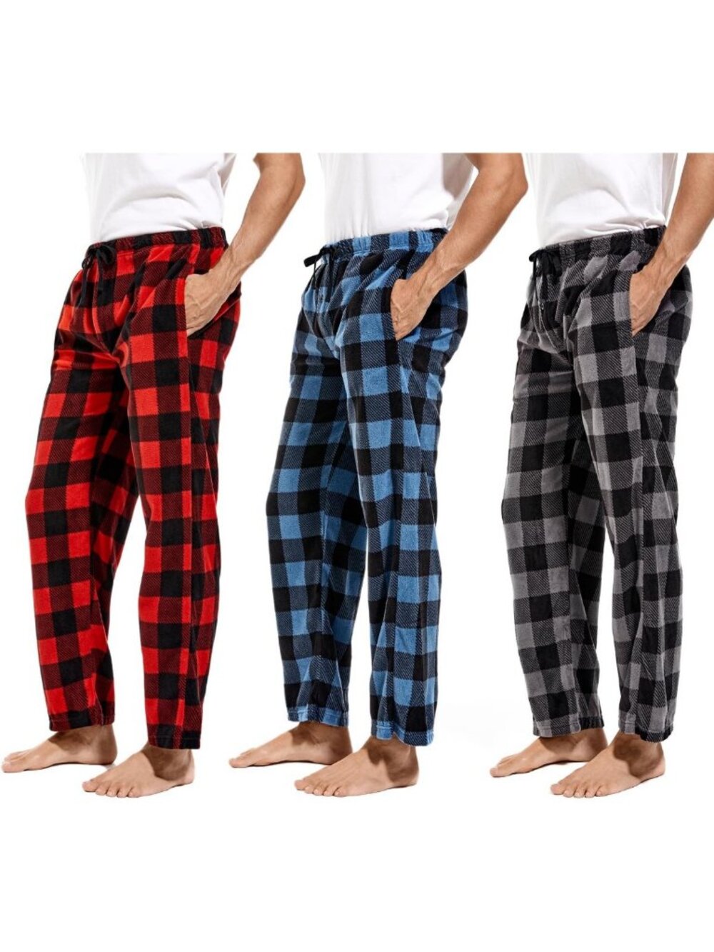 Cozy Fleece Pajama Pants for Men - Plaid Lounge Sleepwear with Pockets, 1 or 3